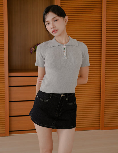 Margot Scallop Polo Top in Grey