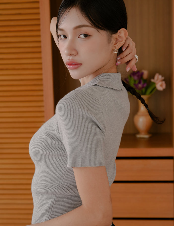 Margot Scallop Polo Top in Grey