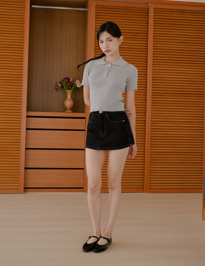 Margot Scallop Polo Top in Grey