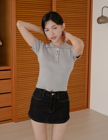 Margot Scallop Polo Top in Grey
