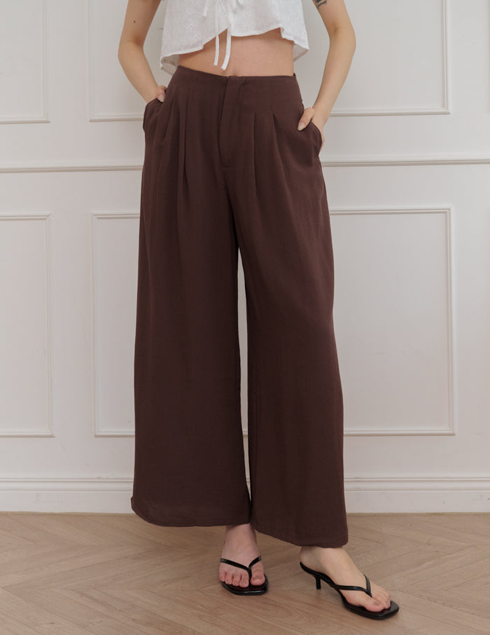 Mavis Wide-Leg Linen Pants in Brown