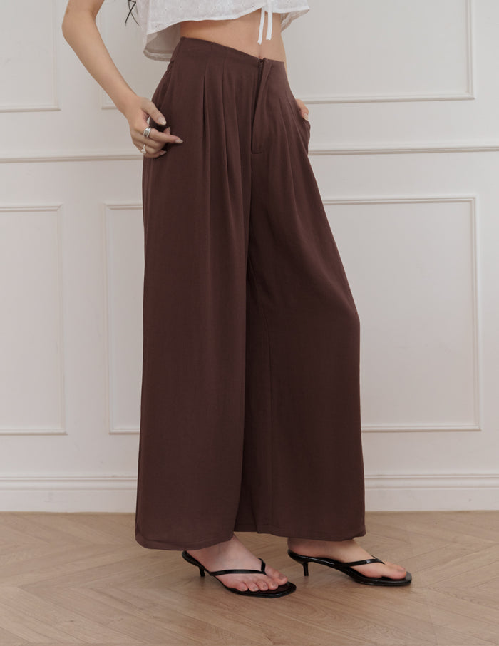 Mavis Wide-Leg Linen Pants in Brown