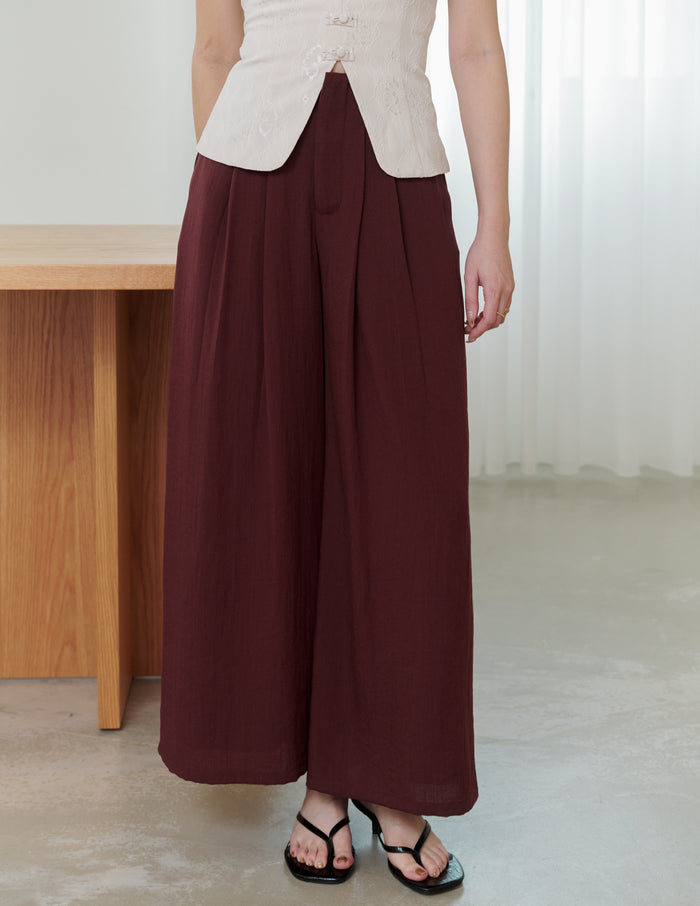 Mavis Wide-Leg Linen Pants in Deep Maroon
