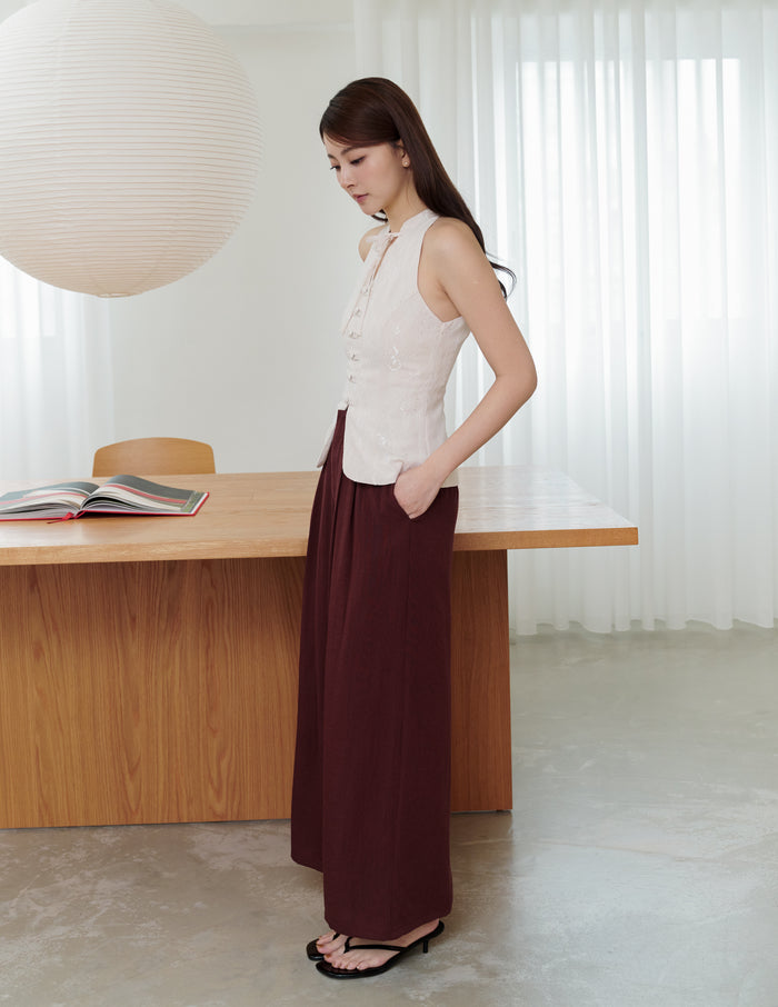 Mavis Wide-Leg Linen Pants in Deep Maroon