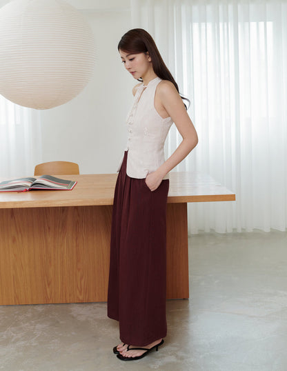 Mavis Wide-Leg Linen Pants in Deep Maroon