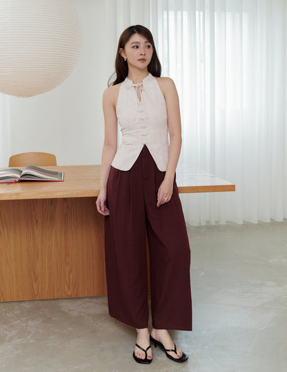 Mavis Wide-Leg Linen Pants in Deep Maroon