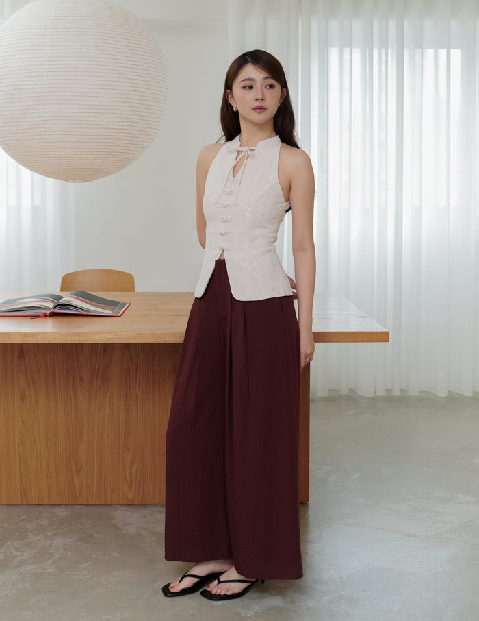 Mavis Wide-Leg Linen Pants in Deep Maroon