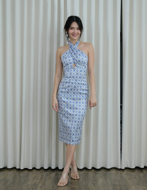 Mei Padded Halter Dress in Blue