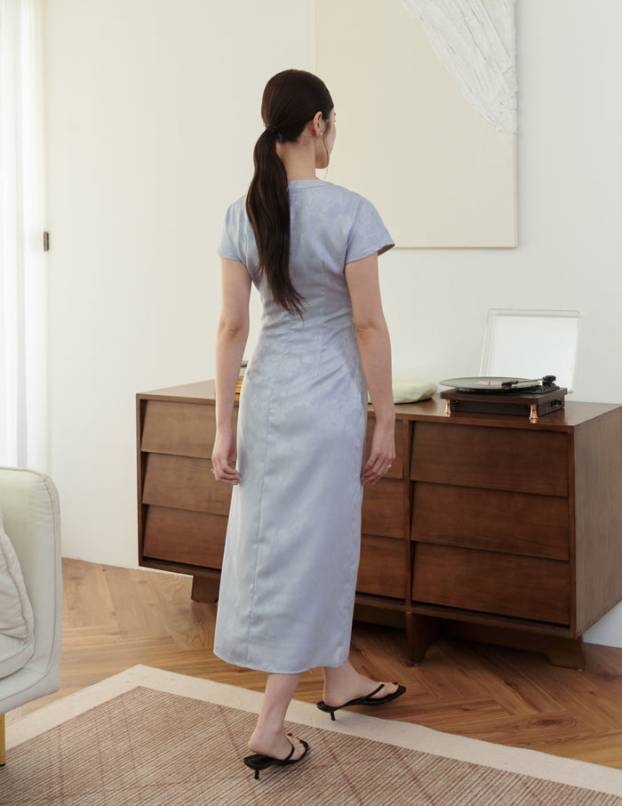 Mila Jacquard Cheongsam Midi Dress in Blue