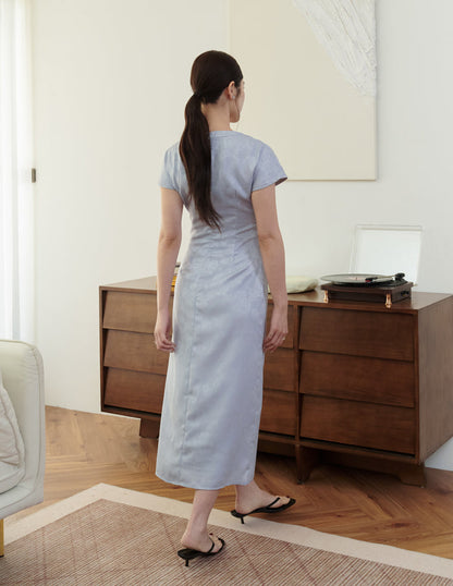 Mila Jacquard Cheongsam Midi Dress in Blue
