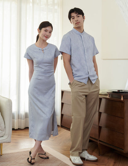 Mila Jacquard Cheongsam Midi Dress in Blue