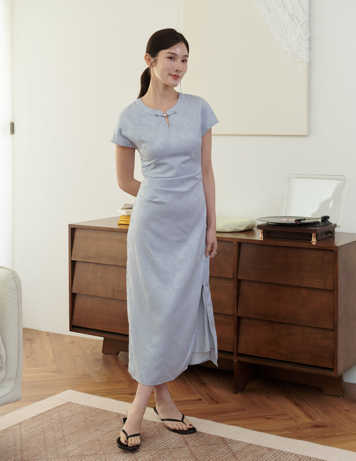 Mila Jacquard Cheongsam Midi Dress in Blue