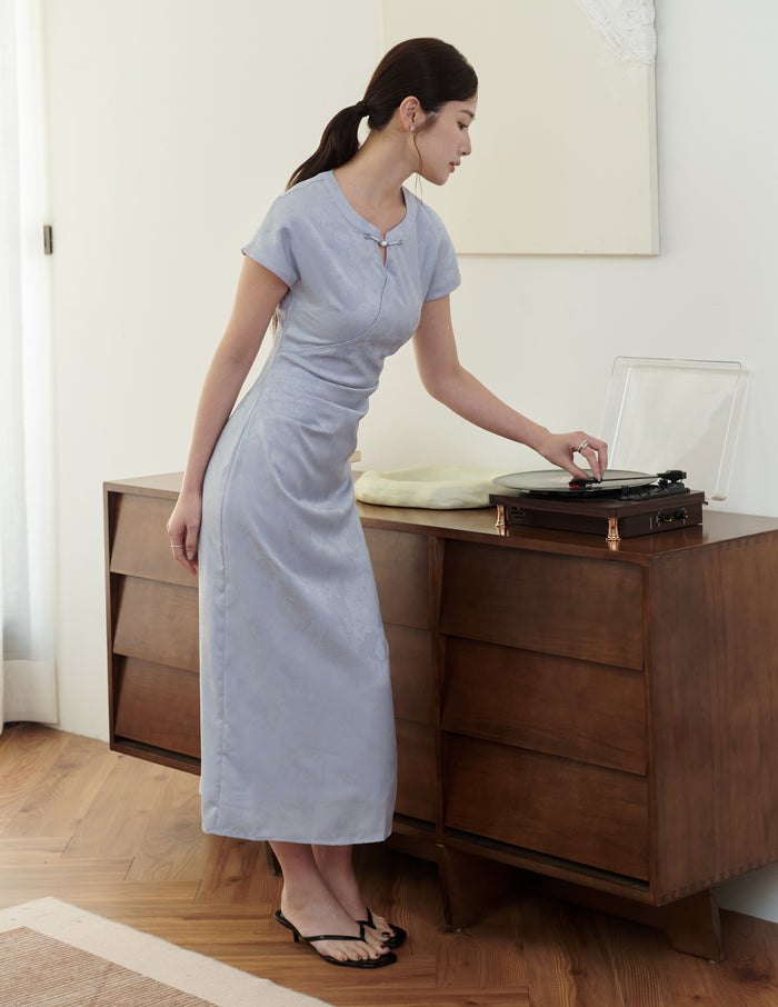 Mila Jacquard Cheongsam Midi Dress in Blue