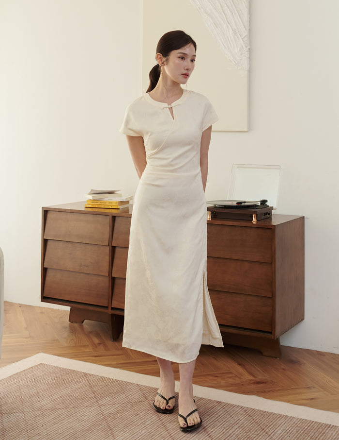Mila Jacquard Cheongsam Midi Dress in Ivory