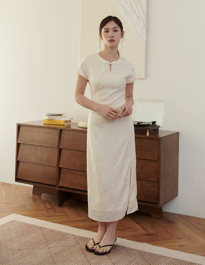 Mila Jacquard Cheongsam Midi Dress in Ivory