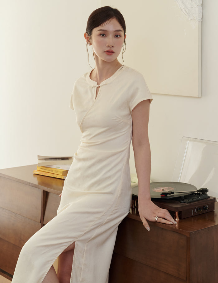 Mila Jacquard Cheongsam Midi Dress in Ivory