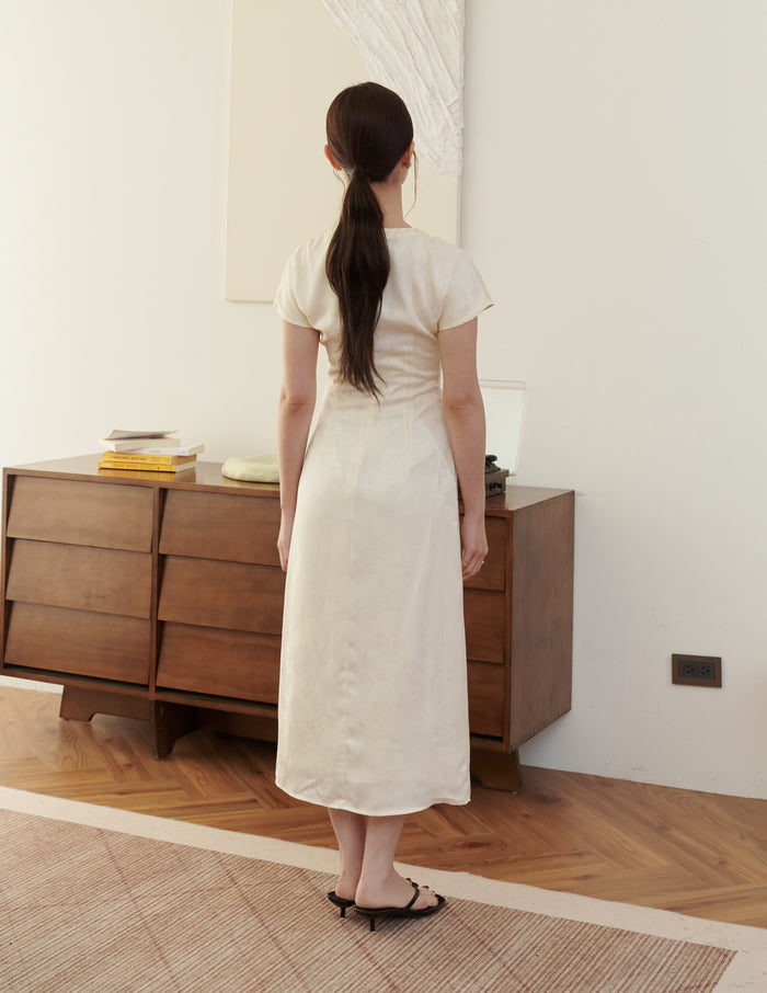 Mila Jacquard Cheongsam Midi Dress in Ivory