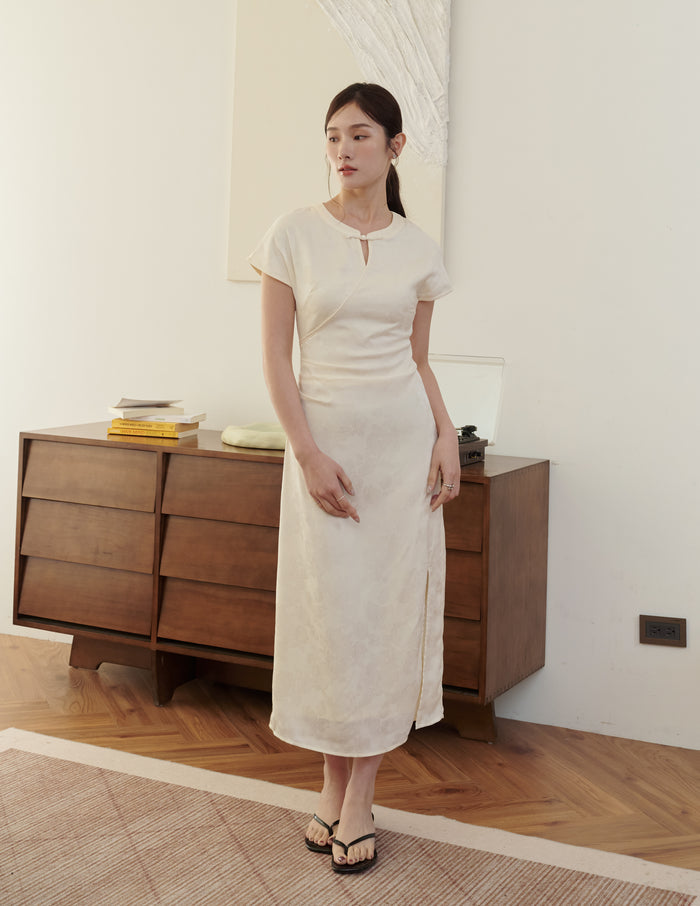 Mila Jacquard Cheongsam Midi Dress in Ivory