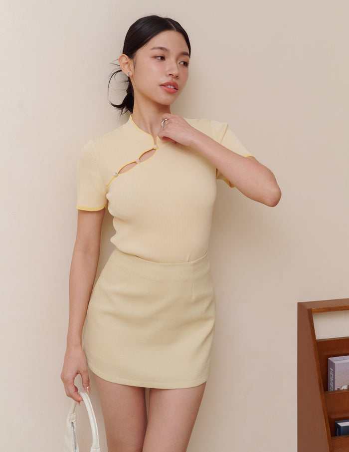 Nara Cheongsam Knit Top in Butter Yellow
