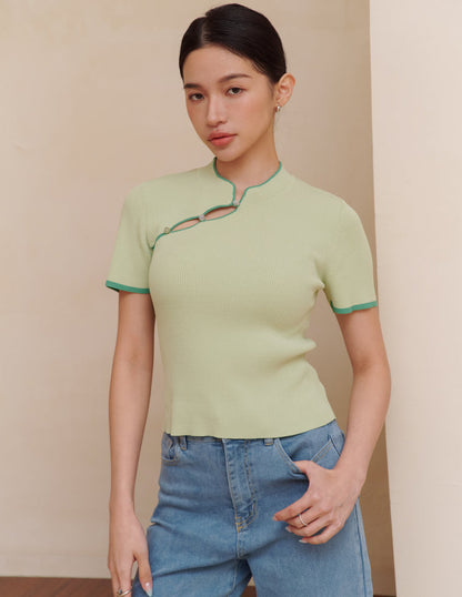 Nara Cheongsam Knit Top in Green