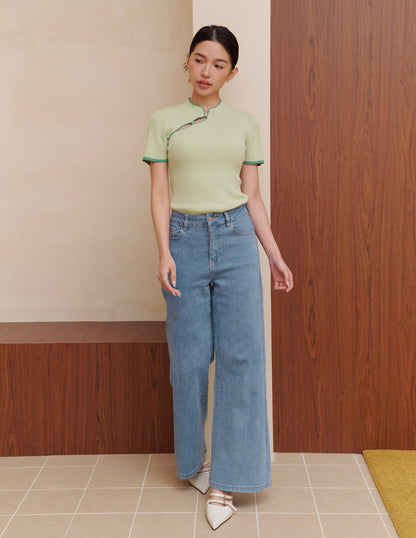 Nara Cheongsam Knit Top in Green