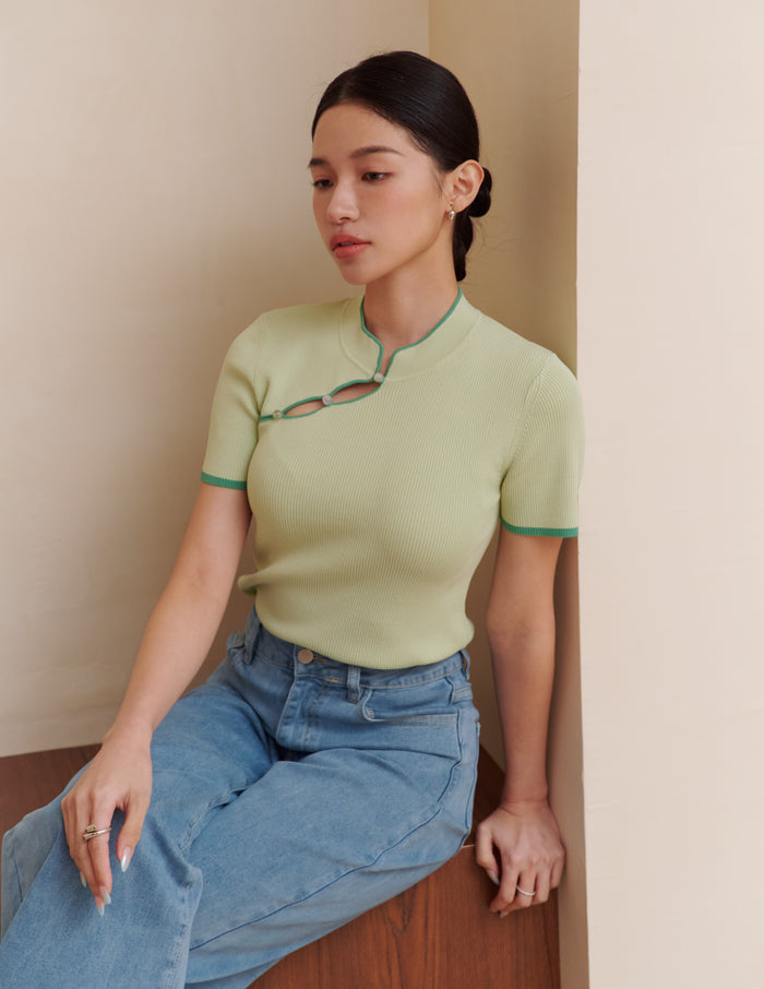 Nara Cheongsam Knit Top in Green