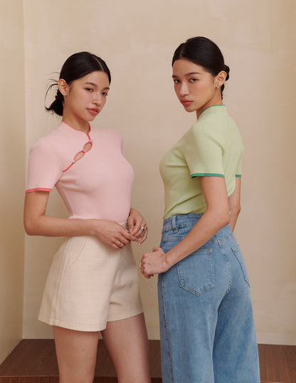 Nara Cheongsam Knit Top in Green