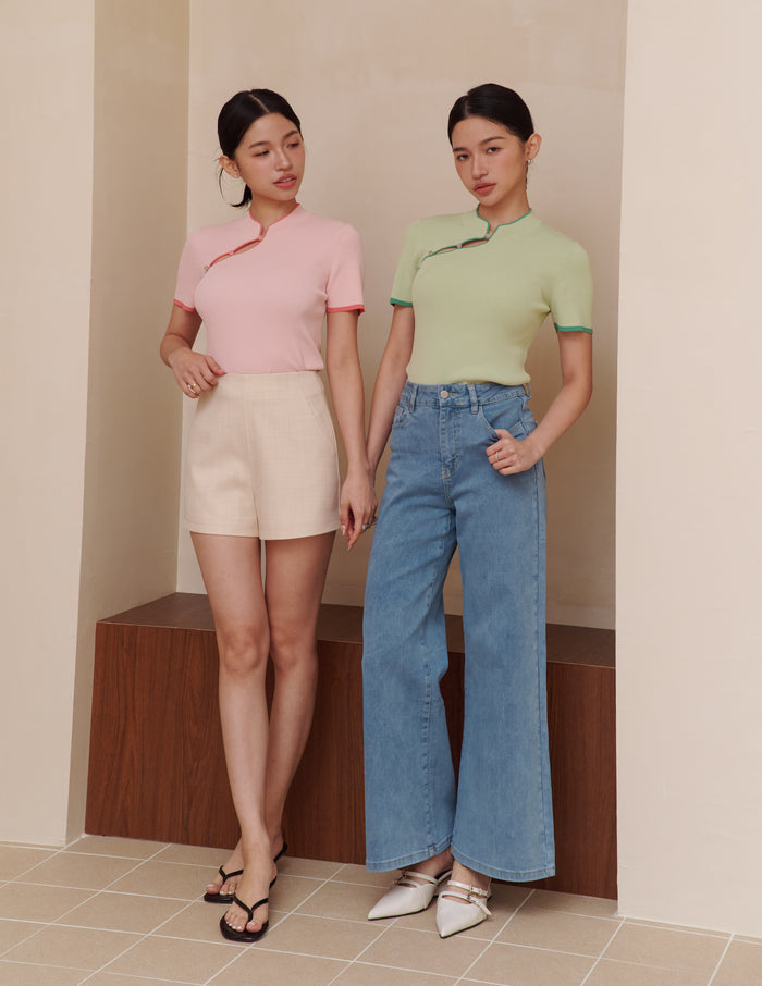 Nara Cheongsam Knit Top in Green