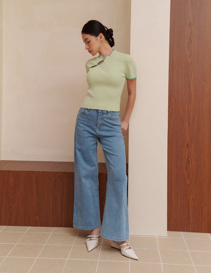 Nara Cheongsam Knit Top in Green