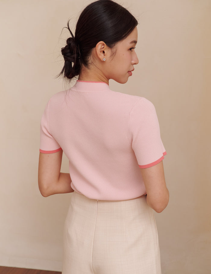 Nara Cheongsam Knit Top in Pink