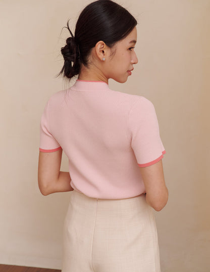 Nara Cheongsam Knit Top in Pink