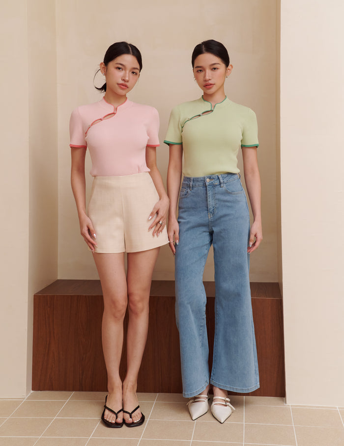 Nara Cheongsam Knit Top in Pink