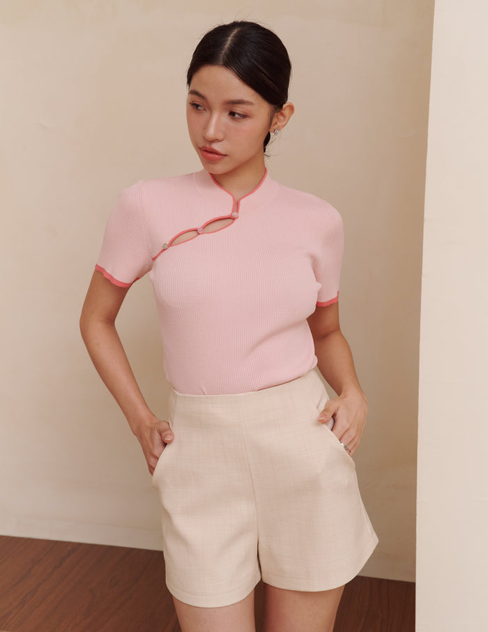 Nara Cheongsam Knit Top in Pink