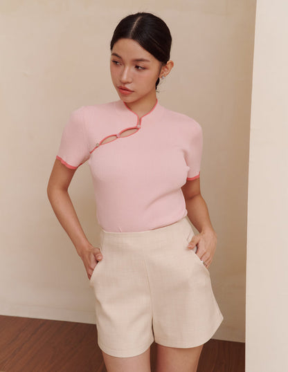 Nara Cheongsam Knit Top in Pink
