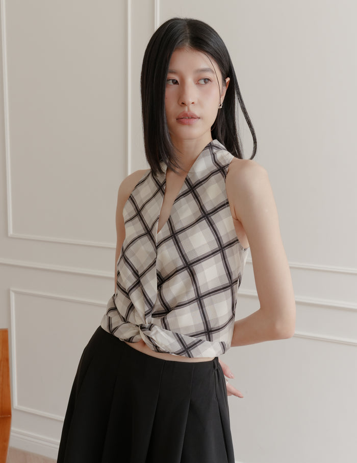 Natalia Halter Surplice Top in Plaid