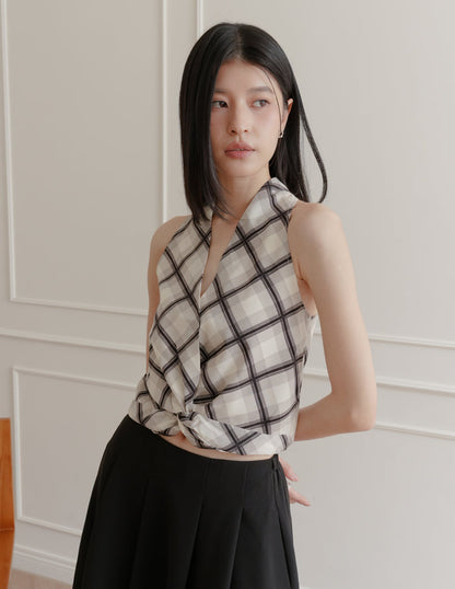 Natalia Halter Surplice Top in Plaid