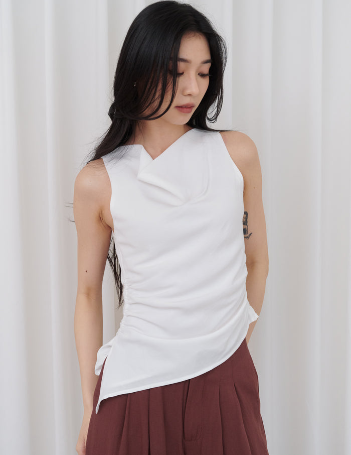 Noelle Ruched Asymmetrical Cowl Top in White