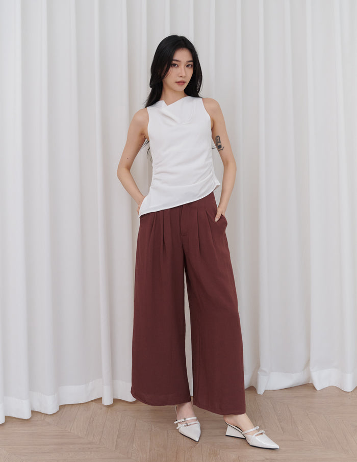 Noelle Ruched Asymmetrical Cowl Top in White