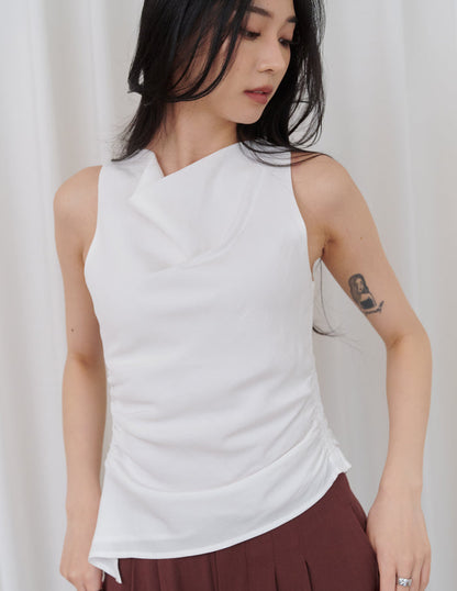 Noelle Ruched Asymmetrical Cowl Top in White