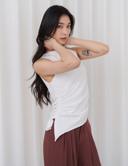 Noelle Ruched Asymmetrical Cowl Top in White