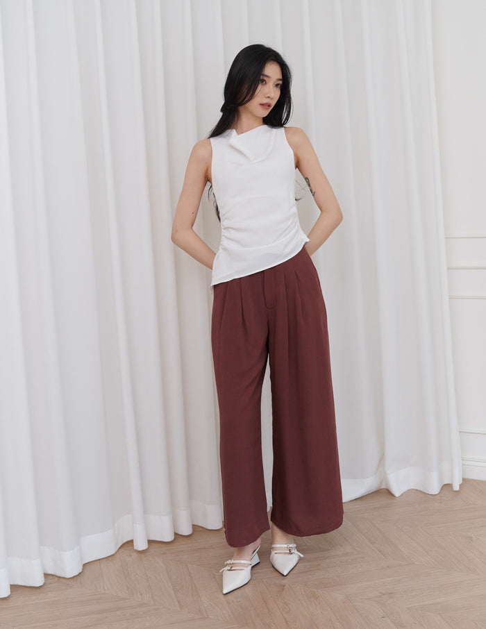 Noelle Ruched Asymmetrical Cowl Top in White