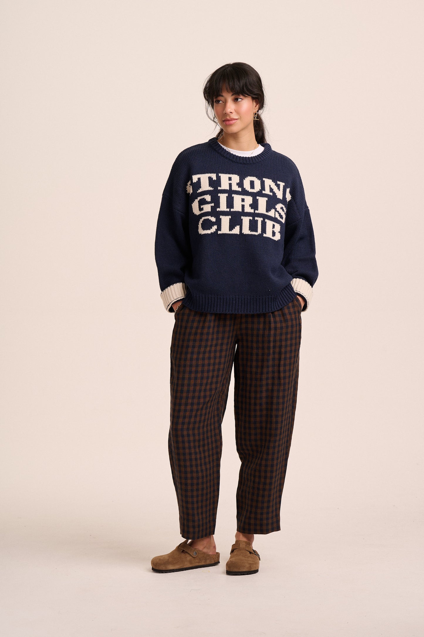 Peggy Linen Trousers - Navy & Brown Gingham