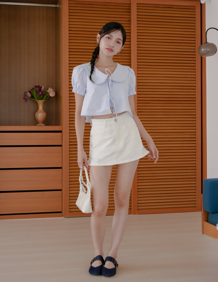 Poppy Ribbon Tie Peterpan Top in Blue Stripe