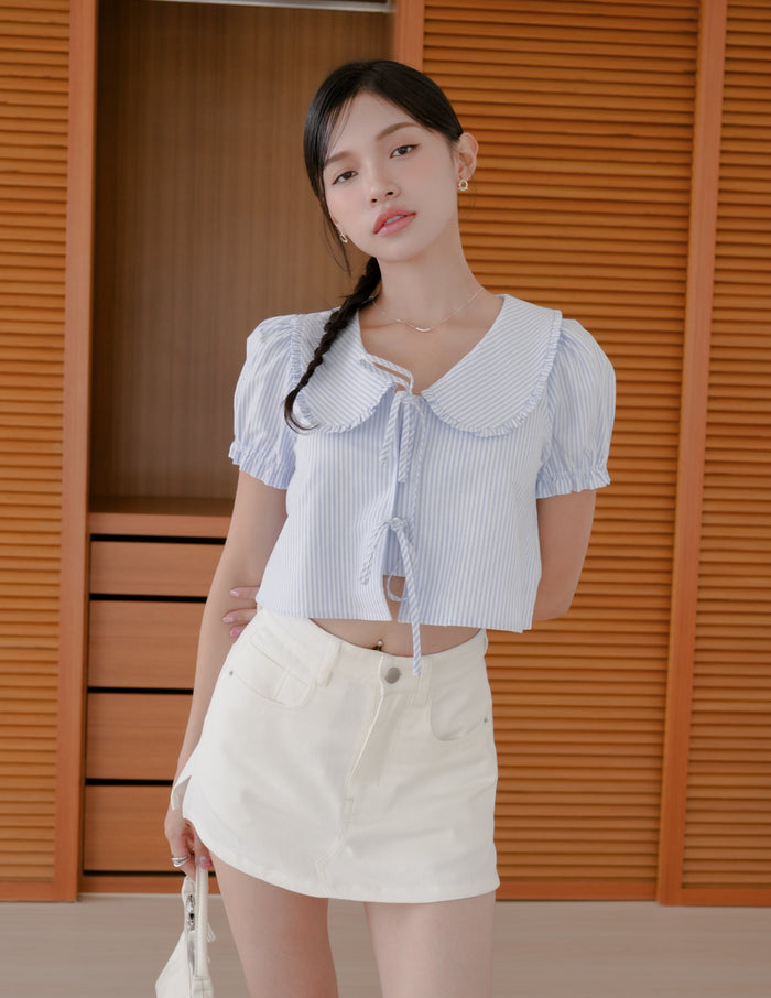 Poppy Ribbon Tie Peterpan Top in Blue Stripe