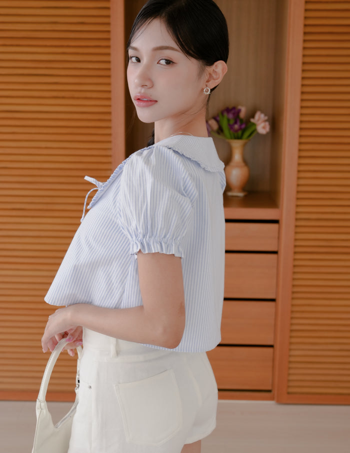 Poppy Ribbon Tie Peterpan Top in Blue Stripe