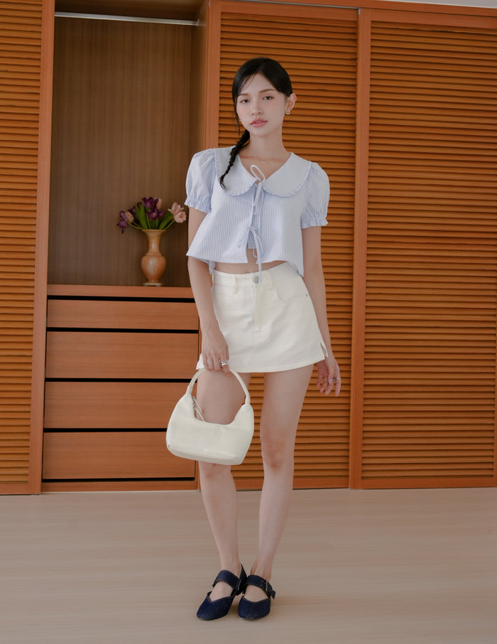 Poppy Ribbon Tie Peterpan Top in Blue Stripe