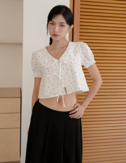 Poppy Ribbon Tie Peterpan Top in Polka Dot