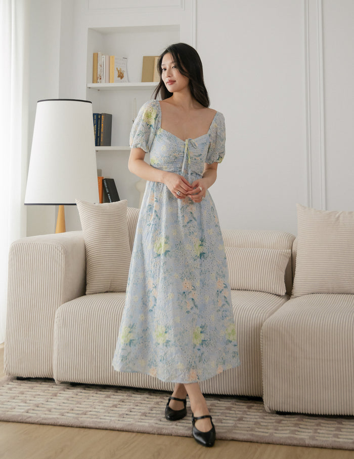 Raynee Floral Eyelet Dress in Blue
