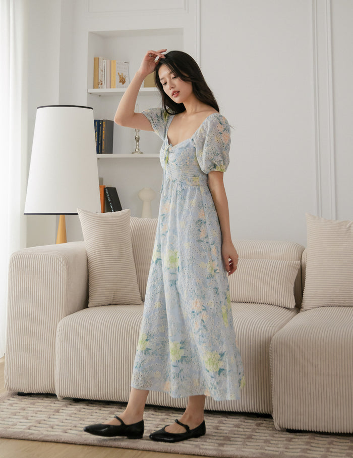 Raynee Floral Eyelet Dress in Blue