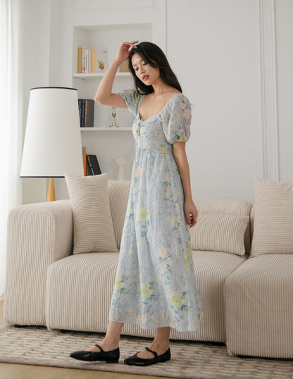 Raynee Floral Eyelet Dress in Blue